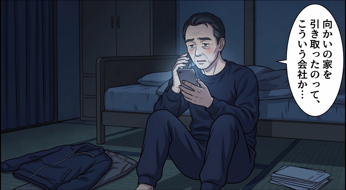 深夜、暗い部屋でスマホを見る佐藤さん。「向かいの家を引き取ったのって、こういう会社か…」