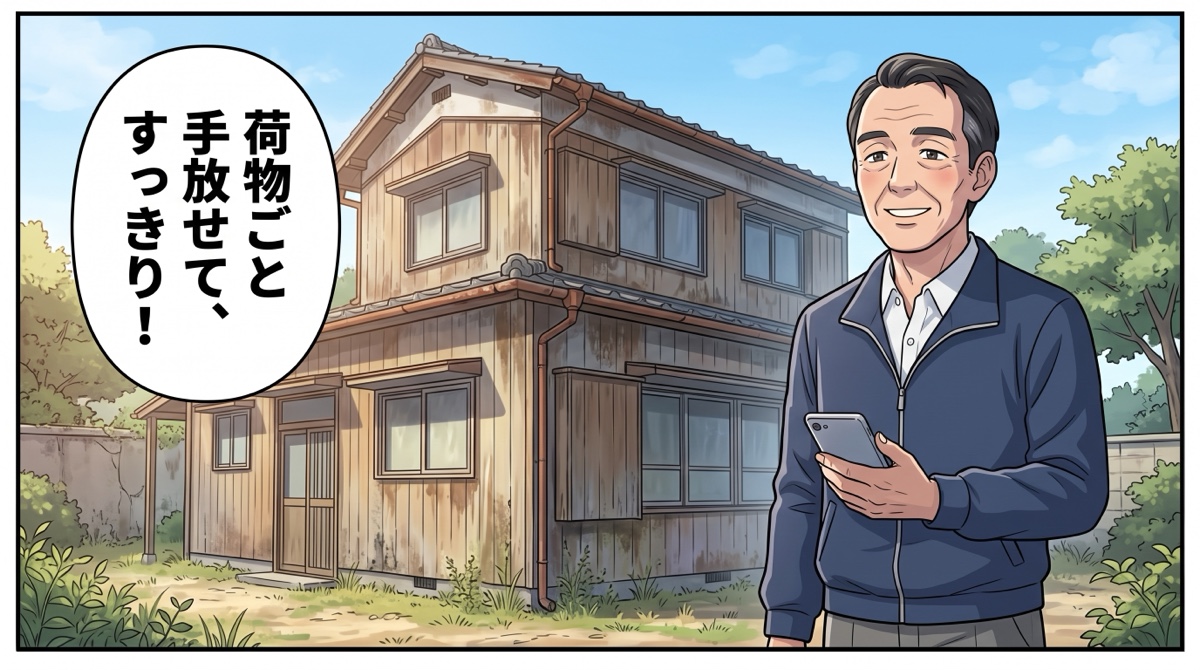 古い実家の前で晴れやかな表情の佐藤さん。「荷物ごと手放せて、すっきり！」