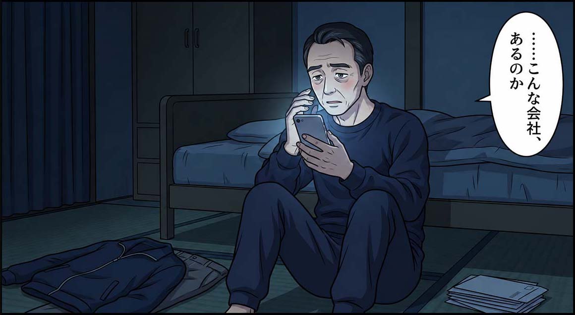 深夜、暗い部屋でスマホを見る佐藤さん。「……こんな会社、あるのか」