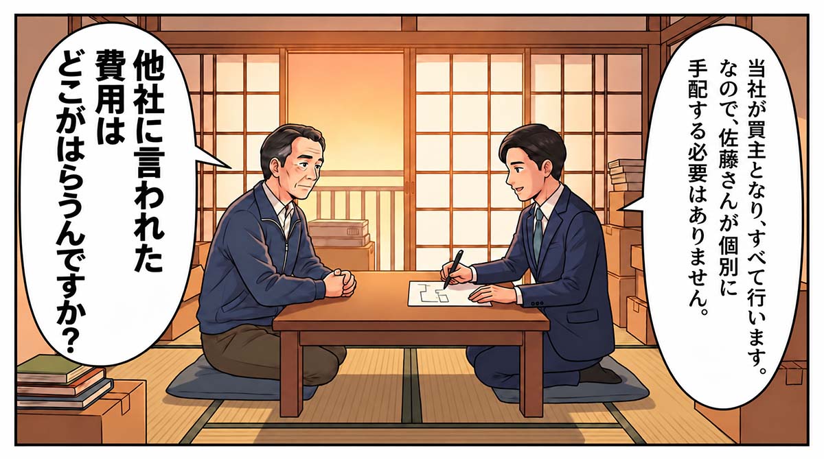 実家の和室で図を描いて説明する担当者。「うちが買主なので、片付けも解体もうちの工事として一度にやります。だから佐藤さんの手出しはありません」