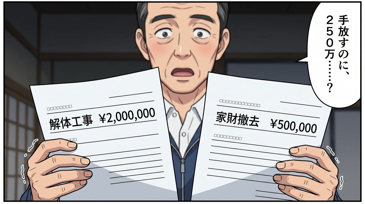 解体工事2,000,000円と家財撤去500,000円の見積書を手に呆然とする佐藤さん。「手放すのに、250万……？」