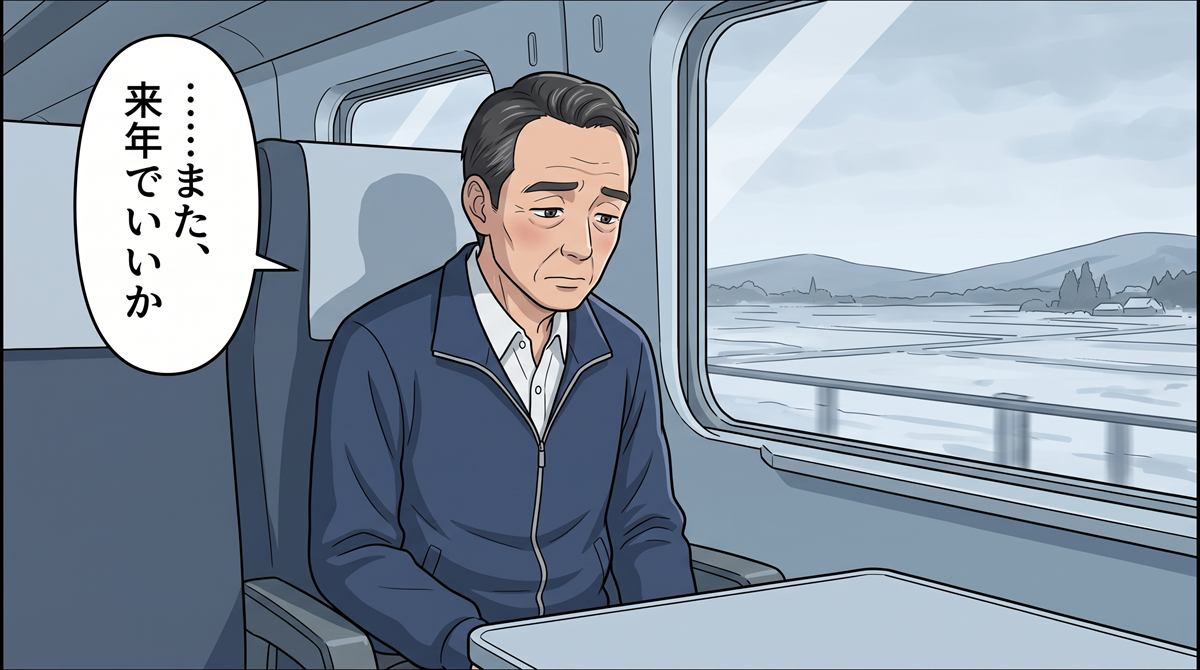 帰りの新幹線でため息をつく佐藤さん。「……また、来年でいいか」