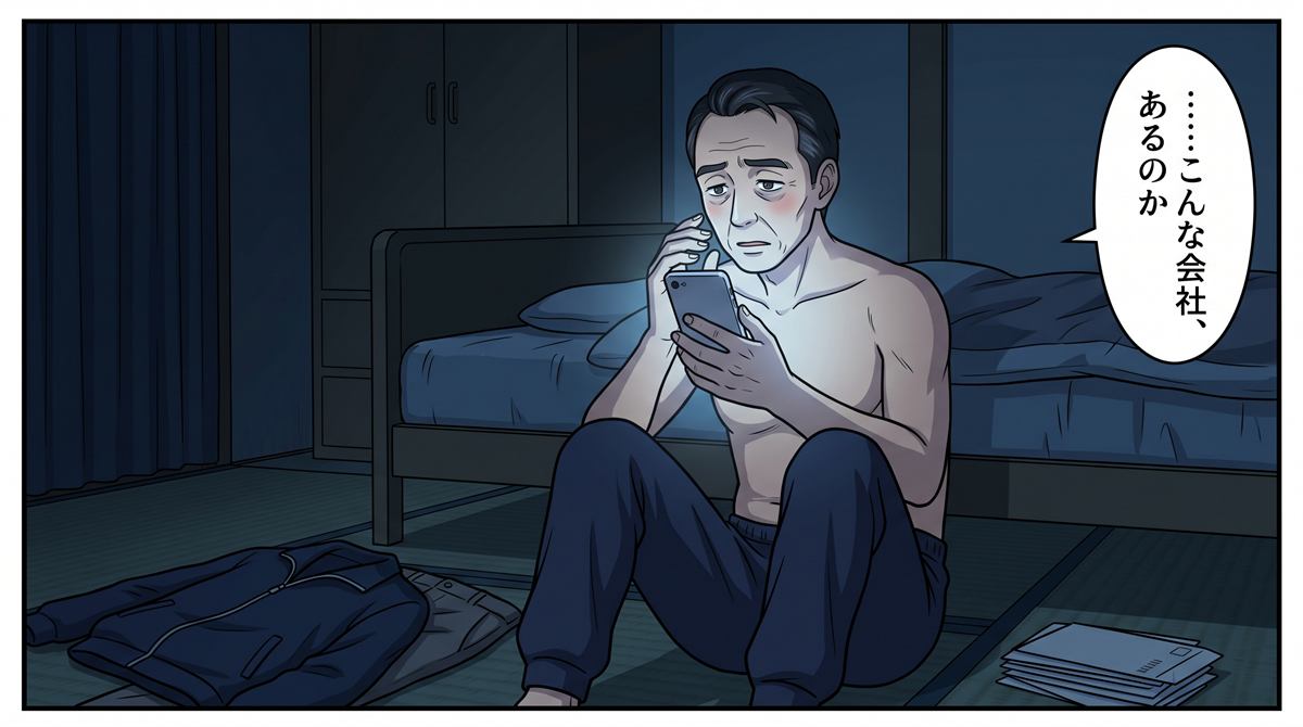 深夜、暗い部屋でスマホを見る佐藤さん。「……こんな会社、あるのか」