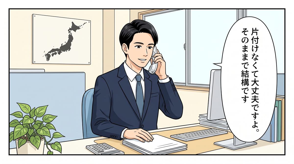 オフィスで受話器を持ち微笑む担当者。「片付けなくて大丈夫ですよ。そのままで結構です」