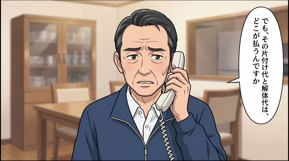 自宅で受話器を握る佐藤さん。「でも、その片付け代と解体代は、どこが払うんですか」