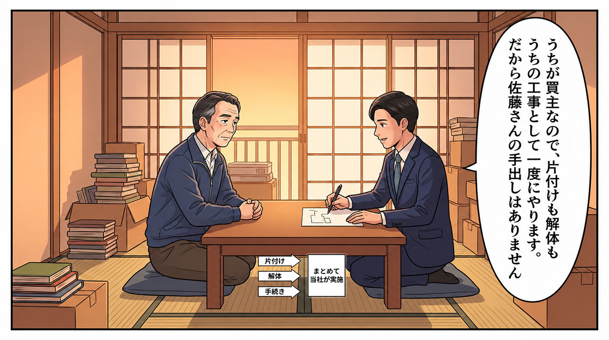 実家の和室で図を描いて説明する担当者。「うちが買主なので、片付けも解体もうちの工事として一度にやります。だから佐藤さんの手出しはありません」