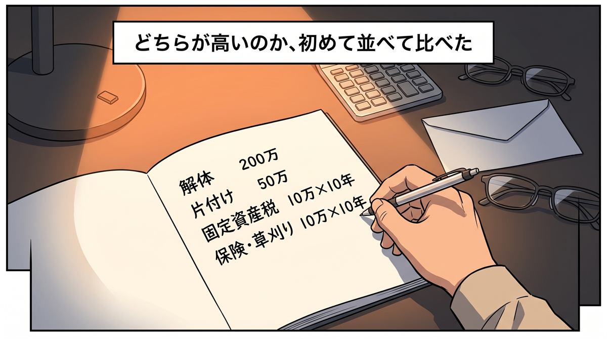解体・片付け・固定資産税など、持ち続けた場合の費用を書き出して比較する佐藤さん