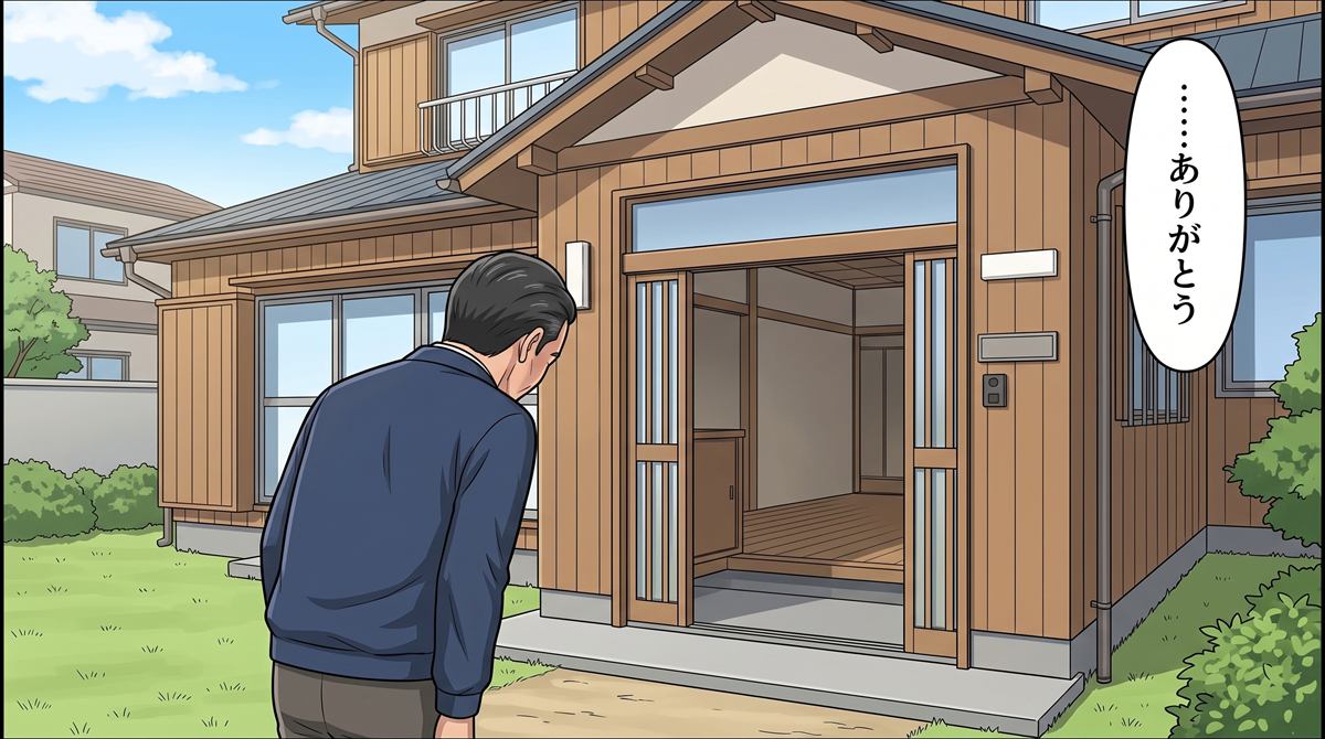 引き渡しを終え、長年の実家に一礼する佐藤さん