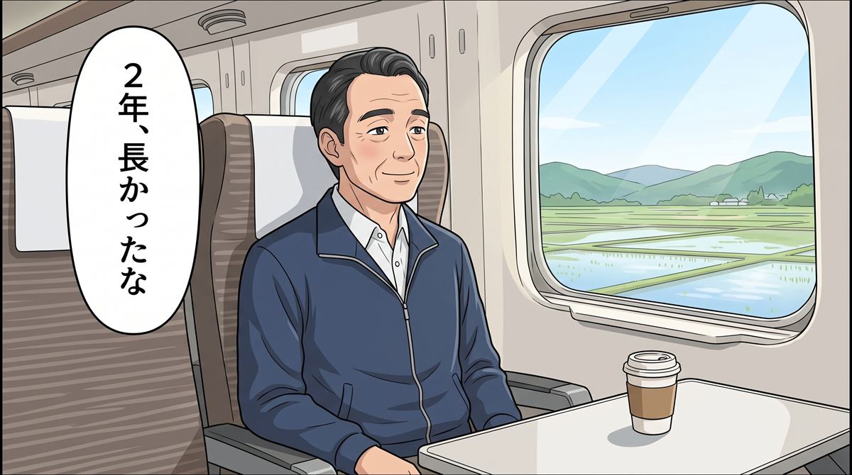 引き渡しの日、帰りの新幹線で晴れやかな表情の佐藤さん。「2年、長かったな」